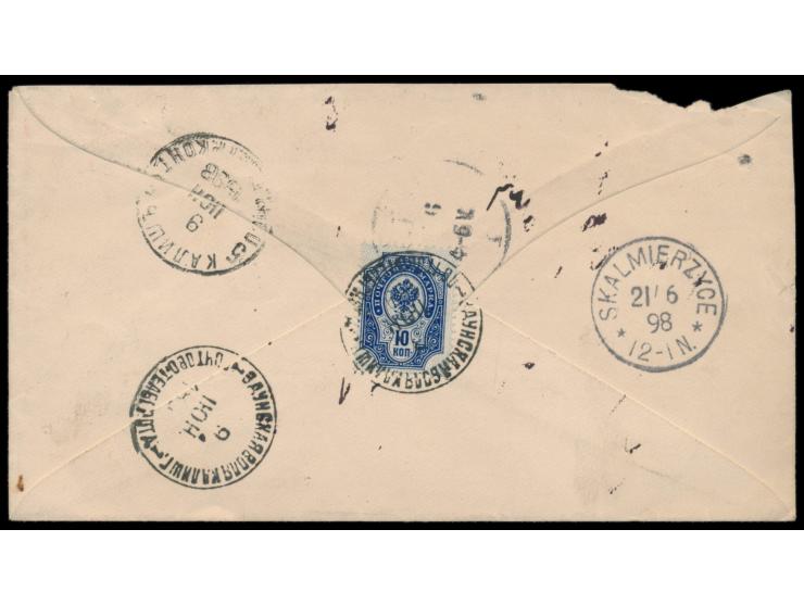 Russland-Ganzsachenumschlag  10 Kop. mit rückseitig 10 Kop. als Einschreiben mit Stempel Zaunskajawolja Kalisch G. 8.6.98 nac