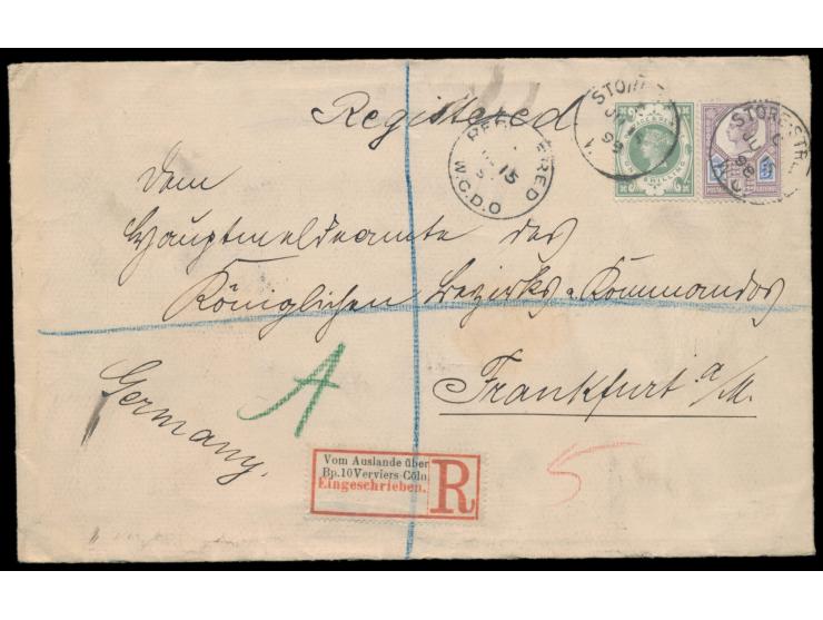 Großbritannien 5 d. und 1 Sh. (1887) auf Einschreibbrief aus London nach Deutschland, Stempel Store-Street W.C. 15.6.98 und S