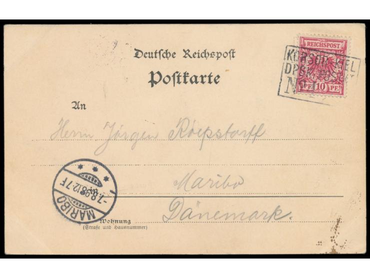 Rahmenstempel  Korsör - Kiel / DPSK. Postkt. / No. 4   6.8. auf Ansichtskarte "Gruss aus Kiel" mit 10 Pf. Krone-Adler, nach D