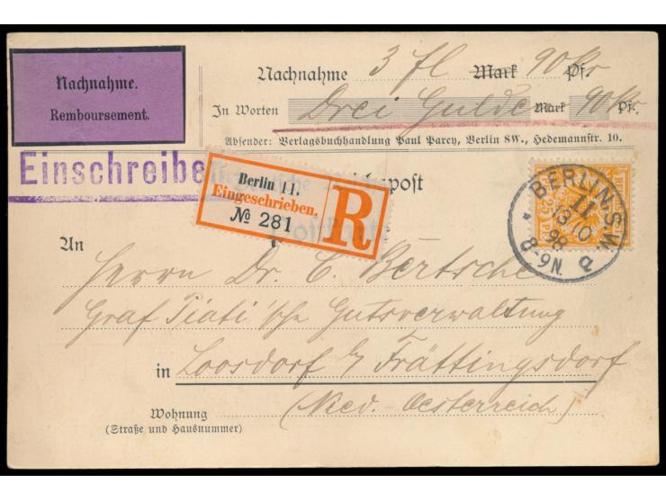 Einzelfrankatur 25 Pf. Krone-Adler als seltene Verwendung auf  Nachnahme-Einschreiben-Postkarte  nach Österreich, Stempel  Be