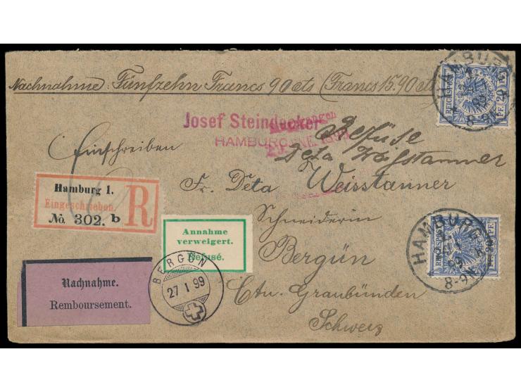 2 x 20 Pf. auf  Auslands-Nachnahme-R-Brief  mit Stempel  Hamburg 1  24.1.99 in die Schweiz, Aufkleber "Annahme verweigert" un