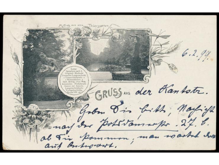 5 Pfg. Krone/Adler auf Ansichtskarte Goethe-Denkmal in Berlin, Stempel Berlin 50 15.4.99, nach Jena. Vierzeiliger Grußtext mi
