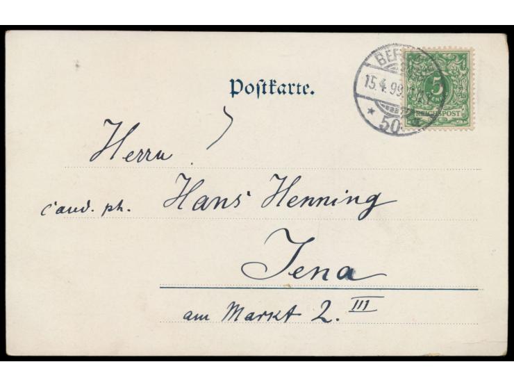 5 Pfg. Krone/Adler auf Ansichtskarte Goethe-Denkmal in Berlin, Stempel Berlin 50 15.4.99, nach Jena. Vierzeiliger Grußtext mi