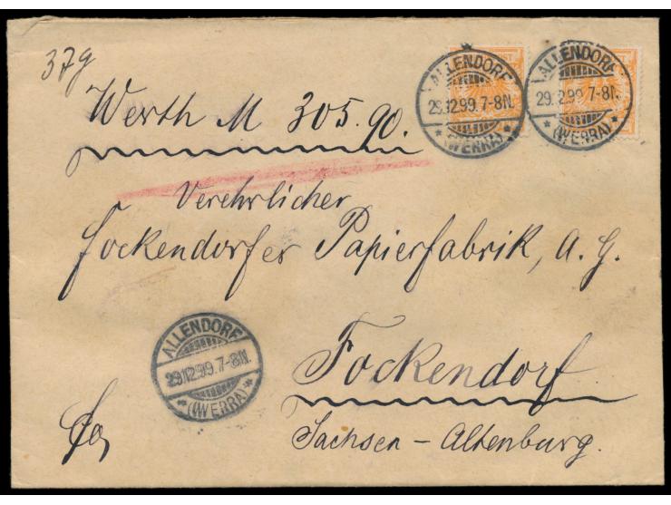2 x 25 Pf. Krone-Adler auf  Wertbrief  (Wertangabe 305 Mark), Stempel  Allendorf (Werra)  29.12.99, nach Fockendorf, Ankunfts