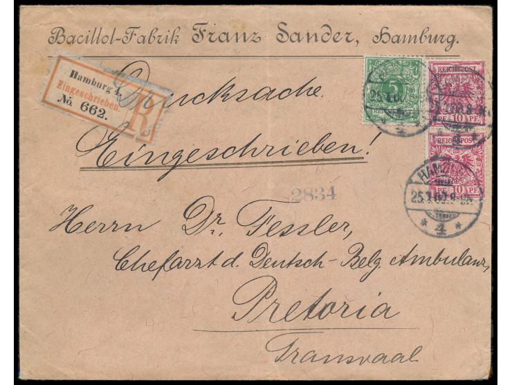 5 Pf. und 2 x 10 Pf. auf &nbsp;Einschreiben-Drucksache nach Transvaal (Z.A.R.), &nbsp;Stempel Hamburg 4 25.1.00, Ankunftstemp