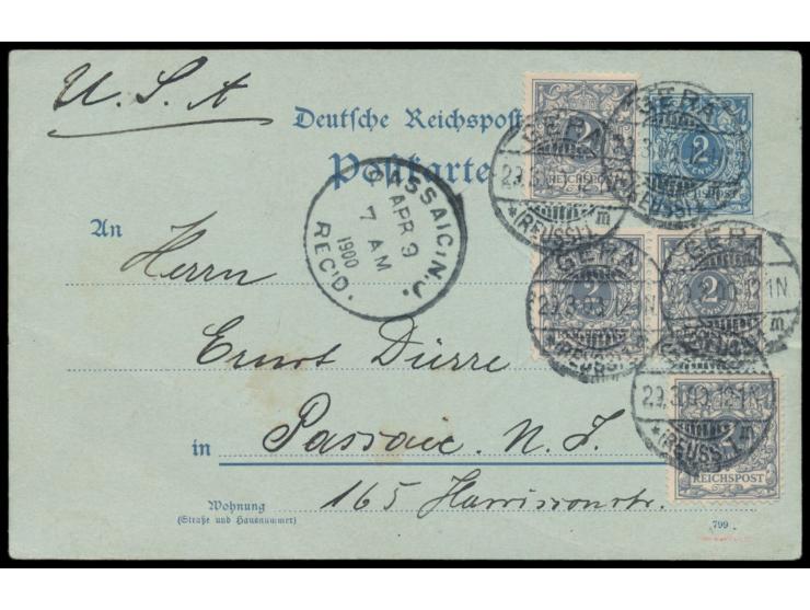 Ganzsache 2 Pf. mit Zusatzfrankatur 4 x 2 Pf. als Auslandskarte mit Stempel Gera  29.3.00  nach USA,  Ausgabetag der 2 Pf.-Ma