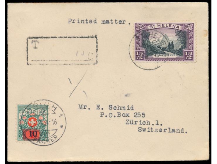 St. Helena,  1/2 d. "100 Jahre Kronkolonie" auf Drucksache in die Schweiz, Stempel St. Helena 30.7.34,  T.-Stempel  von St. H