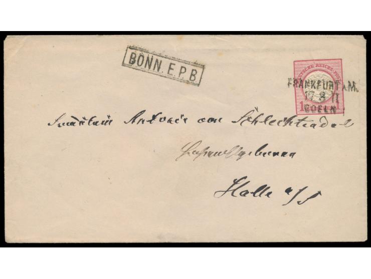 Ganzsachenumschlag 1 Gr. mit Bahnpost-L3 &nbsp;Frankfurt a. M. - Coeln &nbsp;17.8. II und R1 &nbsp;Bonn. E.P.B. &nbsp;nach Ha