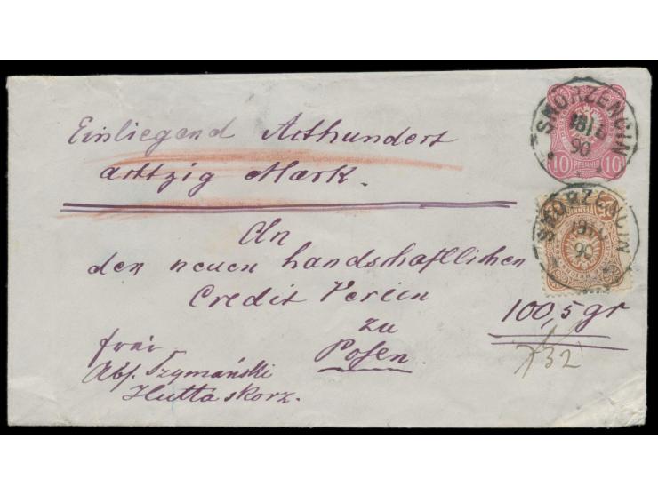 Ganzsachenumschlag 10 Pf. mit Zusatzfrankatur 25 Pf. (kleiner Zahnfehler), handschriftlich  "Einliegend Achthundertachtzig Ma