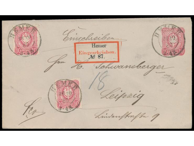 Ganzsachenumschlag 10 Pf. mit Zusatzfrankatur 2 x 10 Pf. als  Einschreiben  mit Preußen-K2  Hemer  26.10.80 nach Leipzig, frü
