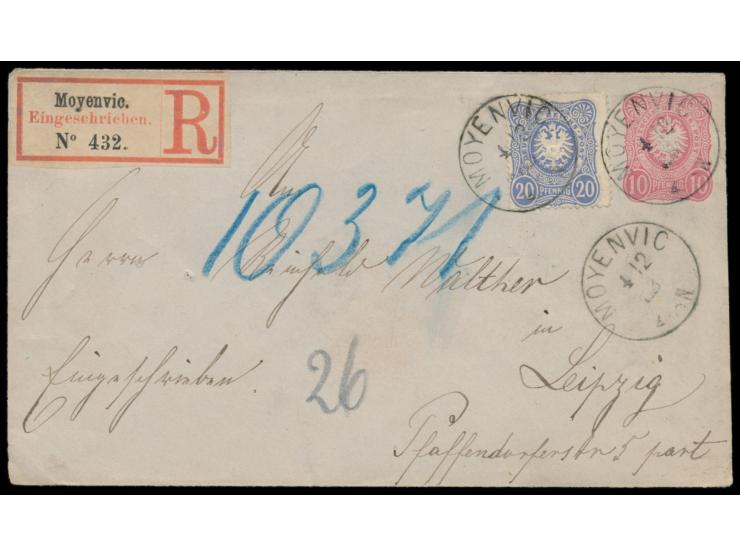 Ganzsachenumschlag 10 Pf. mit Zusatzfrankatur 20 Pf. mit Stempel  Moyenvic  4.12.83, kleiner Postort in  Lothringen,  als  Ei