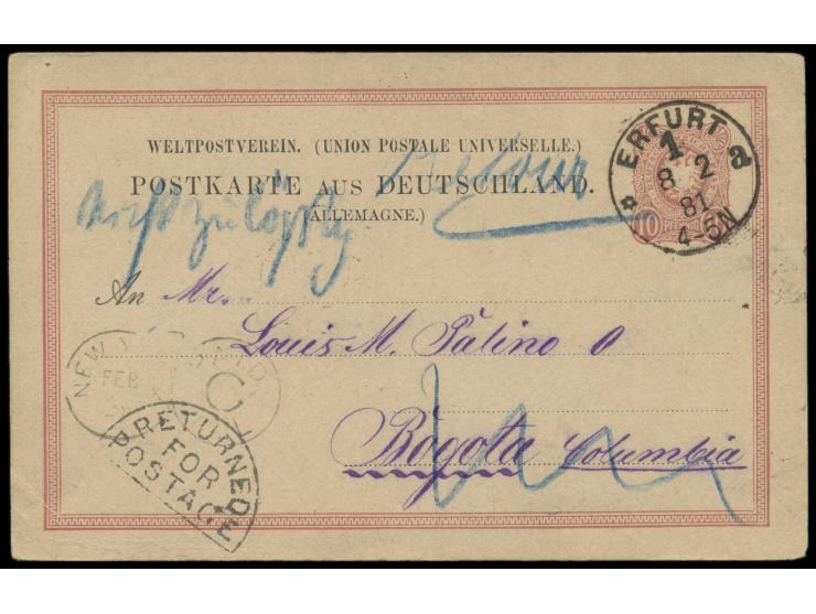 Ganzsache 10 Pf. mit Stempel Erfurt 1 8.2.81  nach Kolumbien,  Durchgangsstempel New York 25.2. und 9.3. (rückseitig), Halbkr