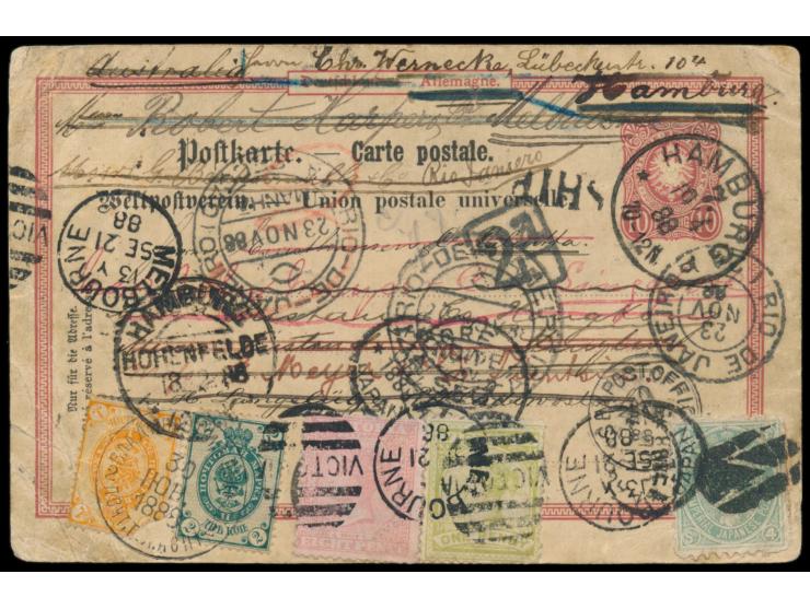Reise um die Welt:  Ganzsache 10 Pf. mit Stempel Hamburg 19.4.1888  nach China,  rückseitig Stempel  Customs Tientsin  8.6.88