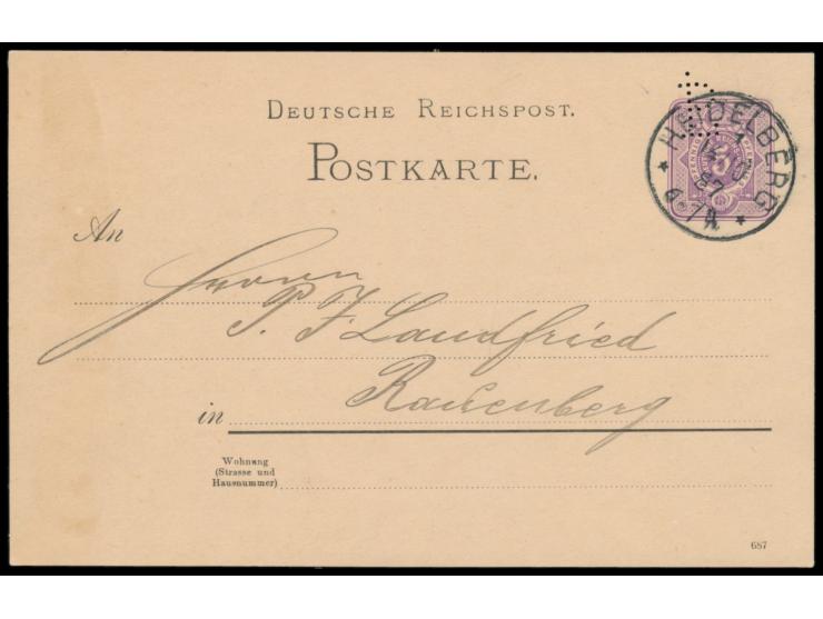 Ganzsache 5 Pf. (Druckdatum 687) mit  Firmenlochung "P L"  im Wertstempel, Absender P. Landfried, Stempel  Heidelberg  14.10.