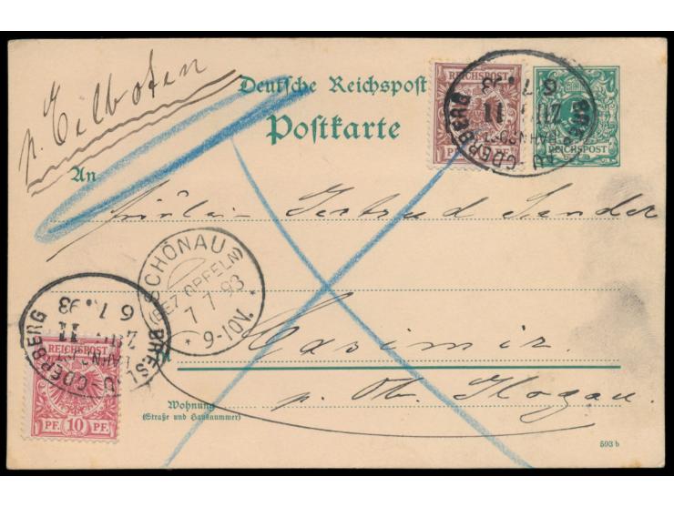 Ganzsache 5 Pf. mit Zusatzfrankatur 10 Pf. und 50 Pf. als  Eilbotenkarte  in den  Landbereich,  Bahnpoststempel  Breslau - Od