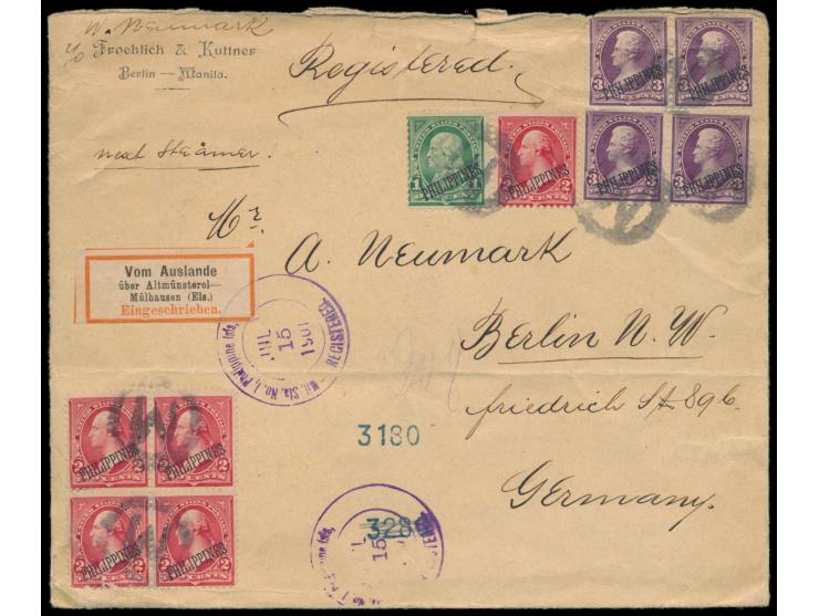 Philippinen &nbsp;1 C., 5 x 2 C. und 4 x 3 C. (2 Marken beschädigt) auf Einschreibbrief mit Killerstempel &quot;M&quot; &nbsp