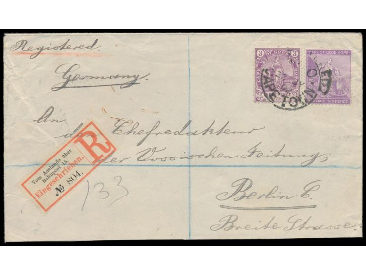 Kap der Guten Hoffnung  6 d. (1884) und 3 d. (1896) auf Einschreibbrief mit Stempel  Registered Cape Town  22.7.02 nach Berli