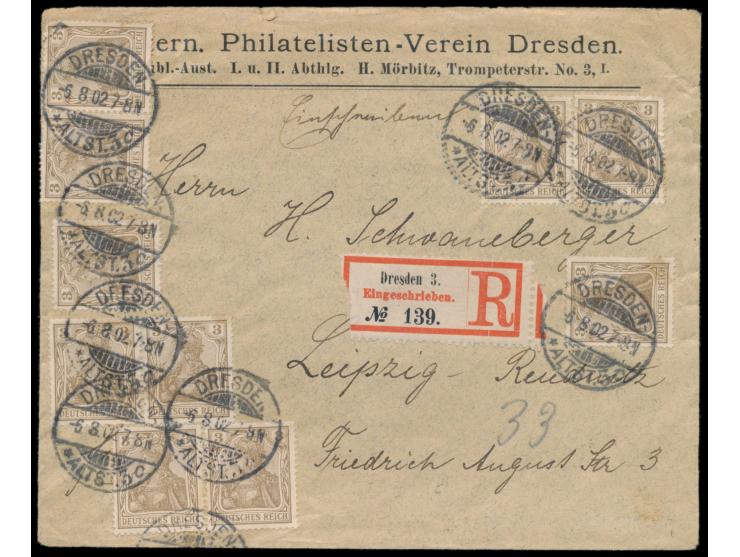 10 x 3 Pf. Germania  (ohne Wasserzeichen)  als seltene Mehrfachfrankatur auf  Einschreibbrief  mit Stempel  Dresden 3  6.8.02