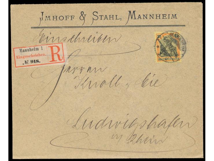 Einzelfrankatur 25 Pf. (ohne Wasserzeichen) auf  Einschreibbrief im Nachbarortsverkehr  von Baden nach Bayern, Stempel  Mannh