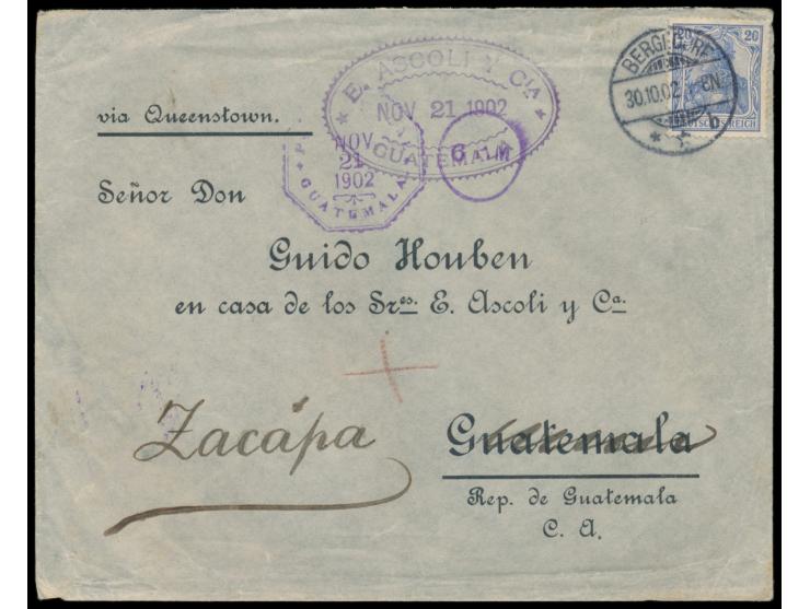20 Pf. auf Auslandsbrief mit Stempel  Bergedorf  30.10.02  nach Guatemala , vorderseitig Ankunftstempel 21.11.1902 und Firmen