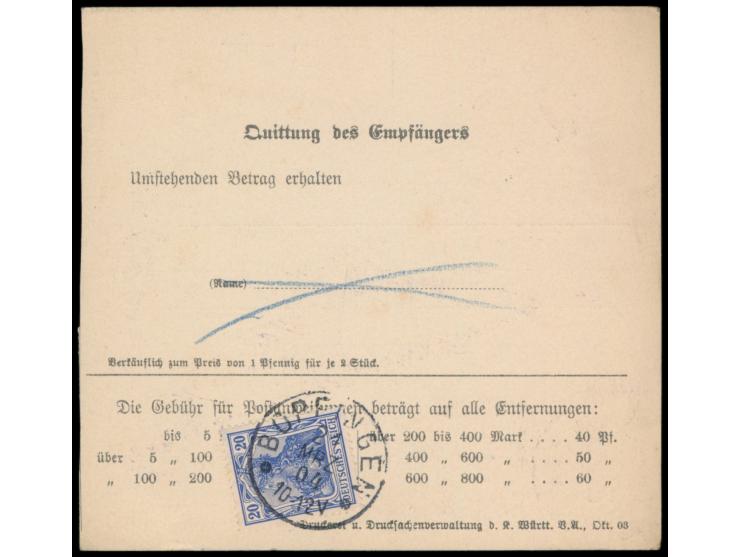 3 x 20 Pf. (eine Marke rückseitig) auf  Postanweisung  (Formular der K. Württ. Postverwaltung) auf 800 Mark, Stempel Bopfinge