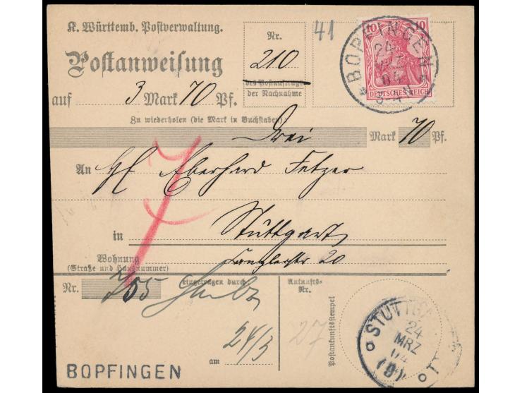 Einzelfrankatur 10 Pf. auf  Postanweisung  (Formular der K. Württ. Postverwaltung) auf 3,10 Mark, Stempel Bopfingen 24.3.04, 