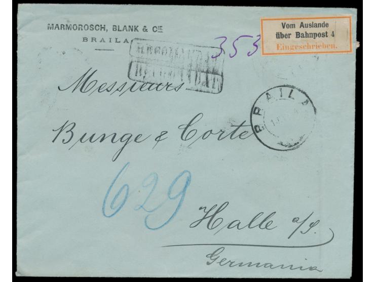 Rumänien  10 B., 15 B. und 25 B. mit Firmenlochung " M B &amp; C" (Mamorosch, Blank &amp; Cie.) rückseitig auf Einschreibbrie