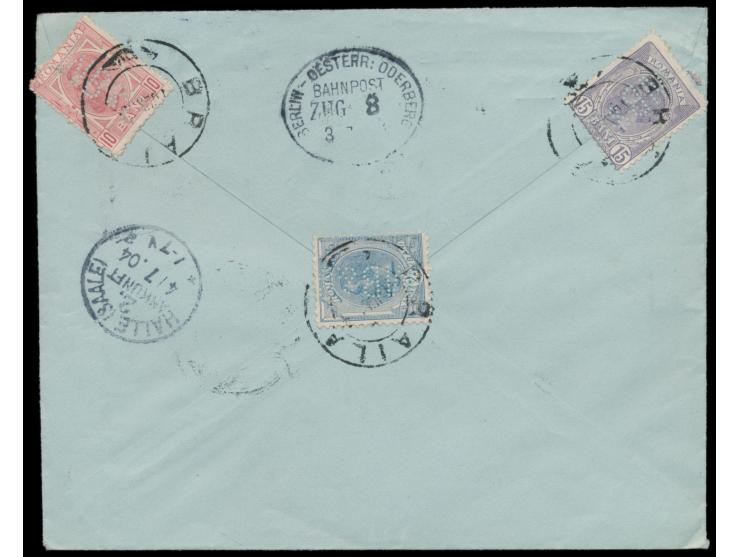 Rumänien  10 B., 15 B. und 25 B. mit Firmenlochung " M B &amp; C" (Mamorosch, Blank &amp; Cie.) rückseitig auf Einschreibbrie