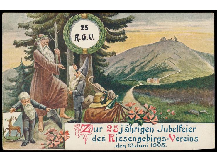 Sonderkarte zur 25jährigen Jubelfeier des Riesengebirgsvereins mit 5 Pf. Germania und  Briefmarken-Imitationen "Rübezahls Rei
