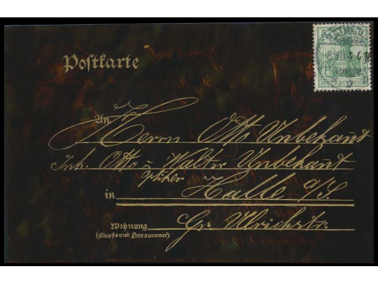 5 Pf. auf  Kunststoffpostkarte  mit eingraviertem Text "Gewidmet zum 50jährigen Geschäfts-Jubiläum der Firma Otto Unbekannt H