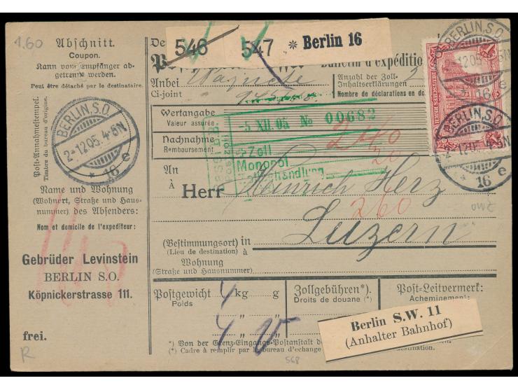 1 Mk. Reichspostzentralamt mit Wasserzeichen &nbsp;&nbsp;vorderseitig auf Auslands-Paketkarte für 2 Pakete nach Luzern / Schw