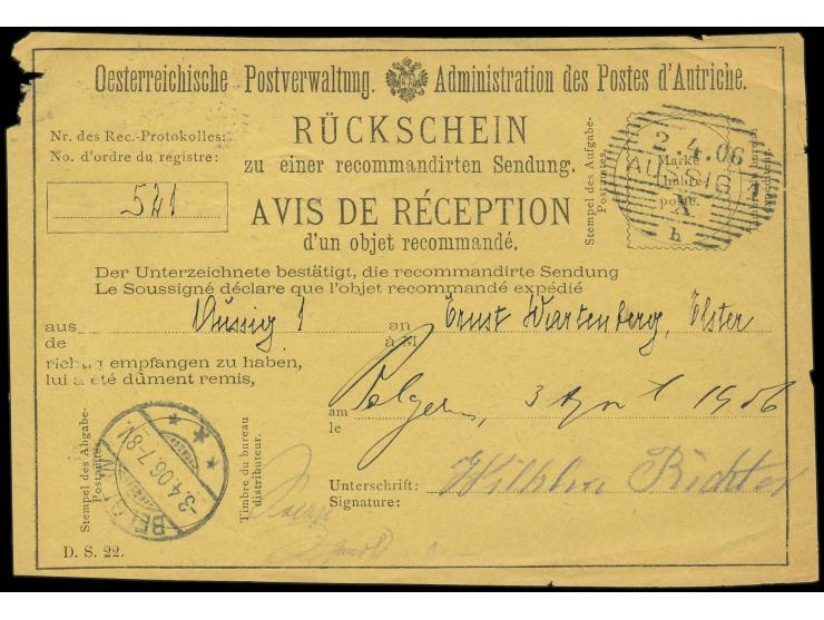 Rückschein-Formular  der Österreichischen Postverwaltung für einen Einschreibbrief von Aussig 2.4.06 nach Belgern mit Ankunft