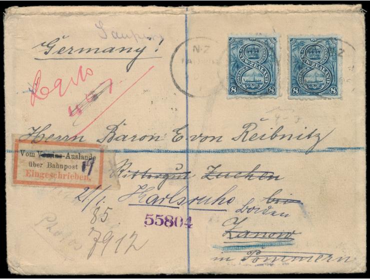 s x &nbsp;Neuseeland 8 C. &nbsp;auf Einschreibbrief von Auckland 5.12.06 nach Deutschland, handschriftlicher Registriervermer