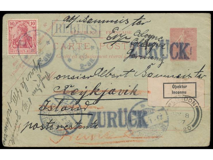 10 Pf. (kleiner Eckfehler und senkrechter Bug) auf Frankreich-Ganzsache 10 C. &nbsp;nach Reykjavik, &nbsp;Stempel &nbsp;Erp &