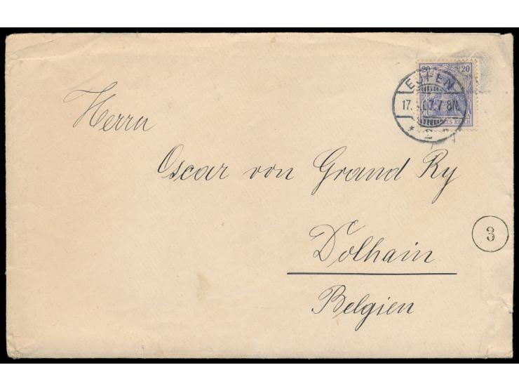 Einzelfrankatur 20 Pf. auf Brief 2. Gewicht mit Stempel  Eupen 2  17.4.07 zum  Grenztarif  nach Dolhain / Belgien, Entfernung