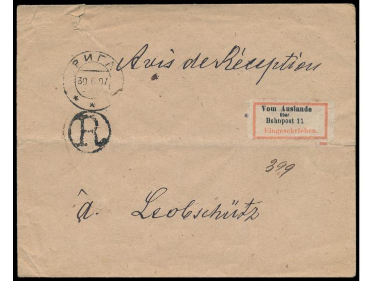 Umschlag mit handschriftlich &quot;Avis de Réception&quot; als Einschreiben-Postsache aus Russland nach Leobschütz, Stempel &