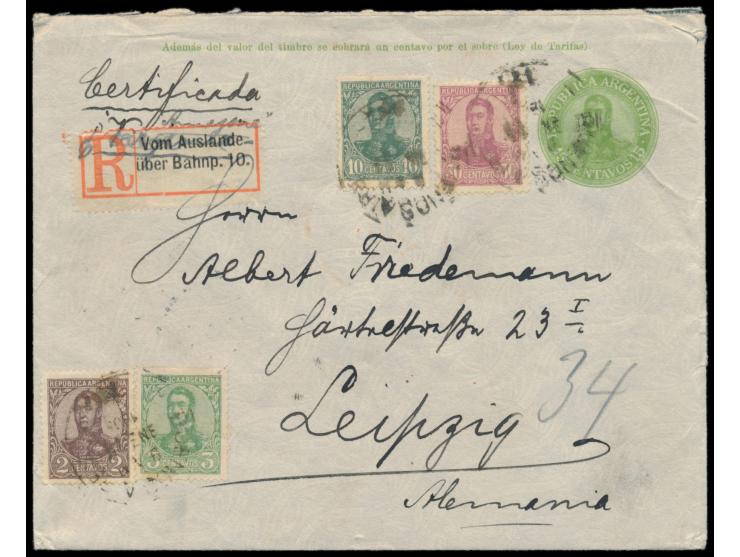 Argentinien-Ganzsachenumschlag  15 C. mit Zusatzfrankatur General San Martin 2, 3, 10 und 30 C. als Einschreiben von Buenos A