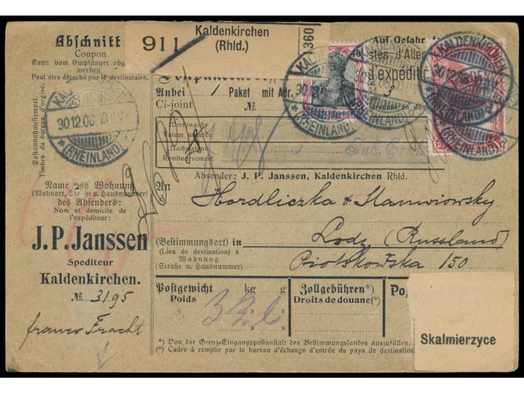 40 Pf. und 1 M. auf Auslandspaketkarte mit Stempel  Kaldenkirchen (Rheinland)  30.12.08 über Skalmierzyce 2.1.09   nach Lodz,