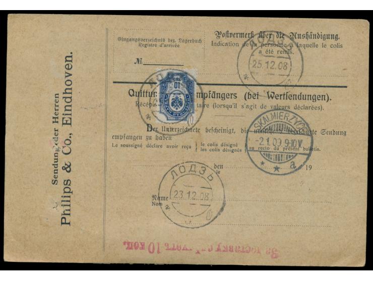 40 Pf. und 1 M. auf Auslandspaketkarte mit Stempel  Kaldenkirchen (Rheinland)  30.12.08 über Skalmierzyce 2.1.09   nach Lodz,