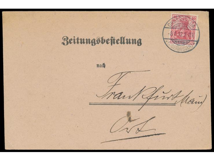 Einzelfrankatur 10 Pf. auf Vordruckkarte  Zeitungsbestellung  (Zeitungssache), Stempel Grossfelda (Oberhessen) 8.1.12, nach F