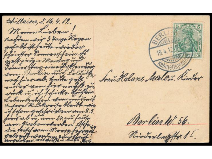 5 Pf. Germania mit Stempel  Berlin Kabinettspostamt  19.4.12 auf Foto-Ansichtskarte "Achilles auf Achilleion - Blick auf Corf