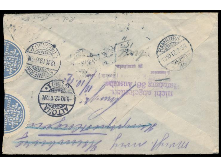 5 Pf. und 25 Pf. auf &nbsp;Einschreibbrief &nbsp;mit Stempel Schwerin (Mecklb.) 9.10.12 nach Altona, Ankunftstempel 9.10.12, 