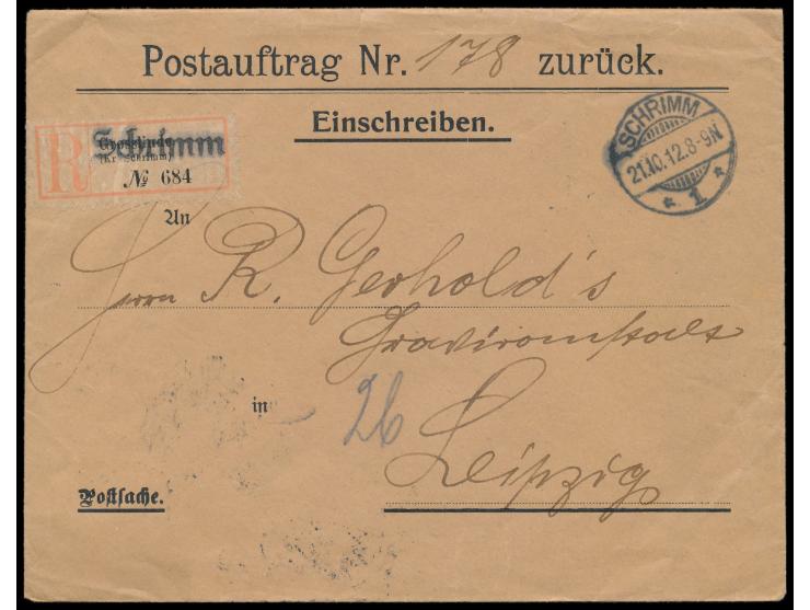 Vordruckumschlag  Postauftrag Nr. ... zurück"  als Einschreiben-Postsache nach Leipzig, Stempel  Schrimm  21.10.12,  R-Zettel
