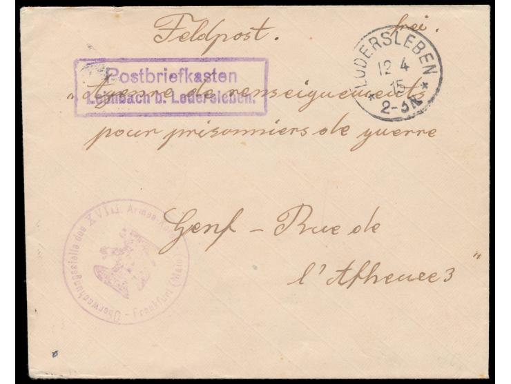 unfrankierter Brief an das Kriegsgefangenen-Auskunftsbüro in Genf mit Angabe "Feldpost", violetter R2  Postbriefkasten Leimba