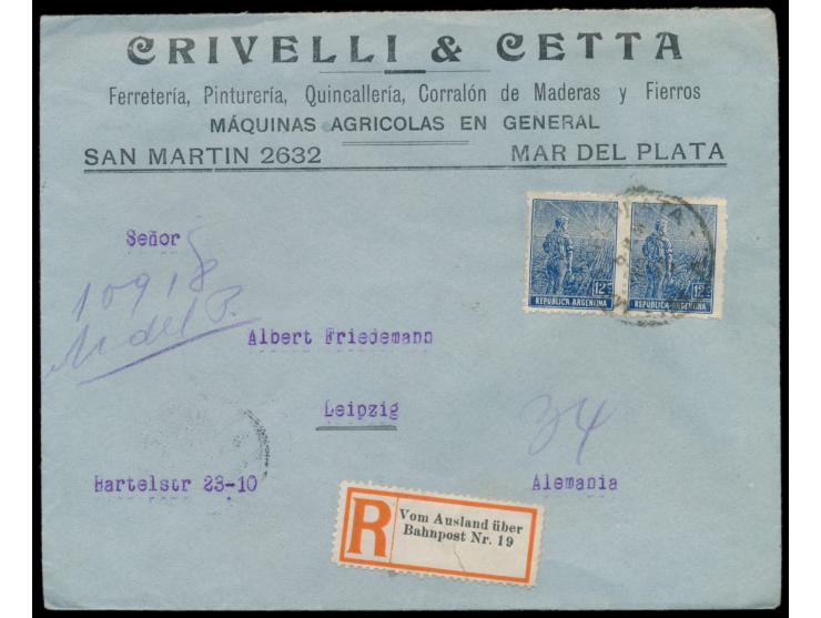 2 x  Argentinien  12 C. auf  Einschreibbrief  mit Stempel  Mar del Plata  4.5.15 nach Deutschland, handschriftlicher R-Vermer