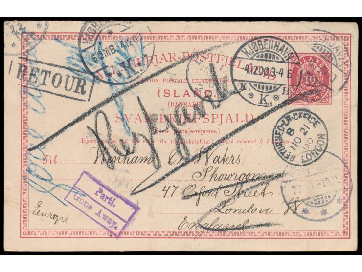 Ganzsachen-Antwortteil 10 Aur mit Stempel Reykjavik 9.11.00 nach London, Stempel "Parti / Gone away" und  Retour,  Returned L