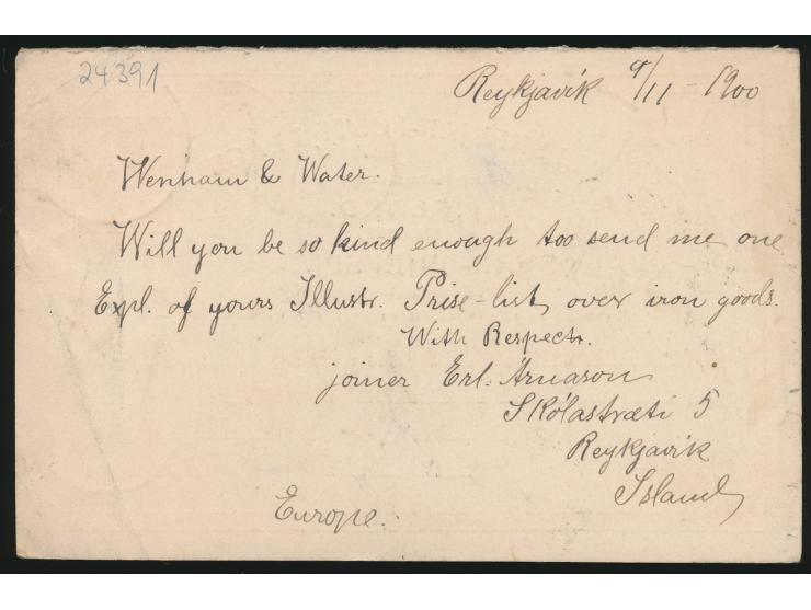 Ganzsachen-Antwortteil 10 Aur mit Stempel Reykjavik 9.11.00 nach London, Stempel "Parti / Gone away" und  Retour,  Returned L