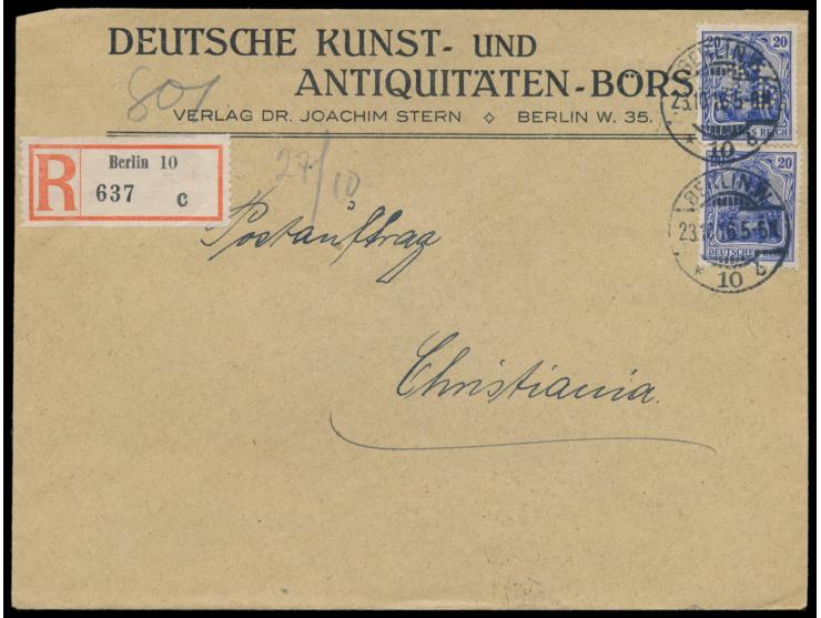 2 x 20 Pf. (1 x Firmenlochung) auf  Postauftrag nach Norwegen,  Stempel  Berlin, W. 10  23.10.16, Ankunftstempel Kristiania 2