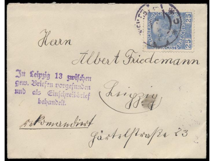 Österreich 25 H. und 3 x 5 H. (rückseitig) auf Brief mit Stempel Wien 29.10.16 nach Leipzig, handschriftlicher Vermerk &quot;