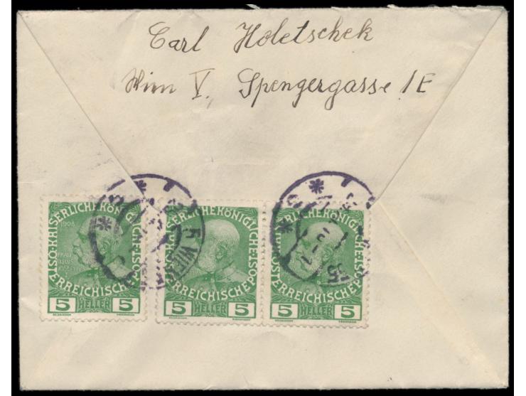 Österreich 25 H. und 3 x 5 H. (rückseitig) auf Brief mit Stempel Wien 29.10.16 nach Leipzig, handschriftlicher Vermerk &quot;